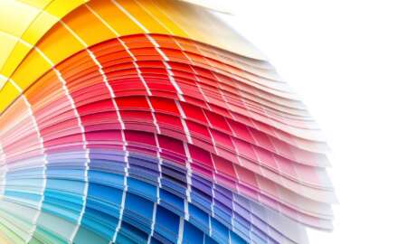 The catalog of paints with a various color palette, on a white background